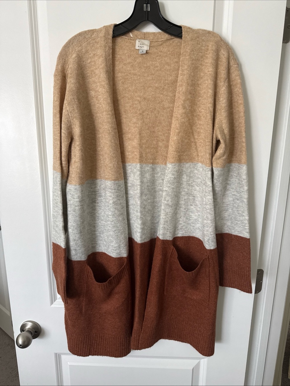 A New Day Camel, Gray, Brown Striped Open Front Cardigan Sweater w/ Pockets M